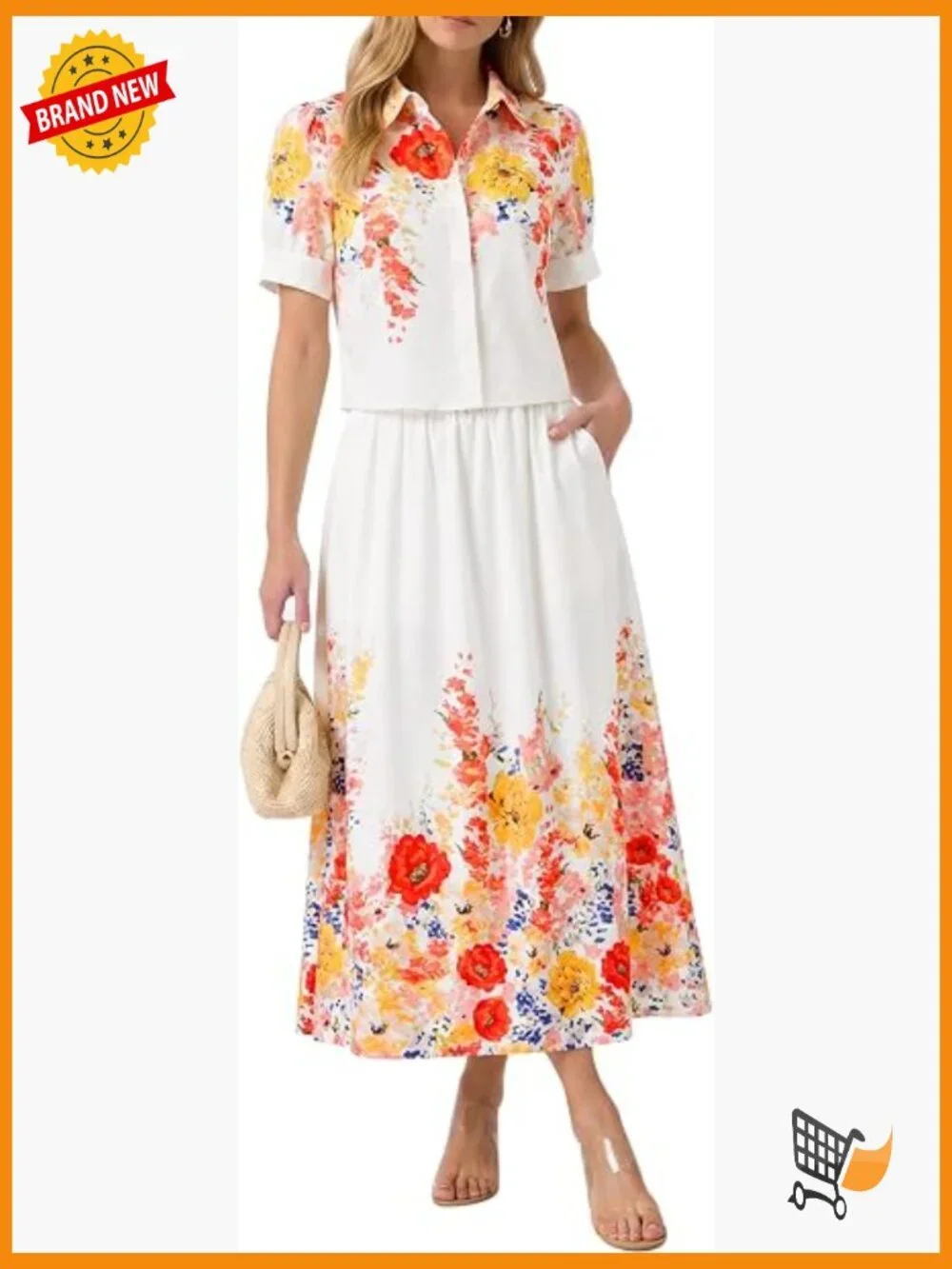 2 Piece Floral Skirt Set Puff Sleeve Blouse Elastic Waist Matching Vacation